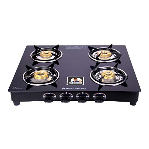 Wonderchef Ultima 4 Burner Manual Glass Cooktop | 6mm Toughened Glass Cooktop | Stainless Steel Drip tray | Anti-Skid Legs | Large Pan support | Manual Ignition | 360 degree Revolving Nozzle | Black steel frame | 2 Year Warranty | Black