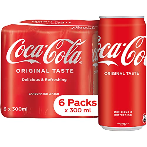 Coke Original Cold Drink | Soft Drink with Refreshing Fizz | Delicious Cola Flavour |  Recyclable Can, 300 ml (Pack of 6)