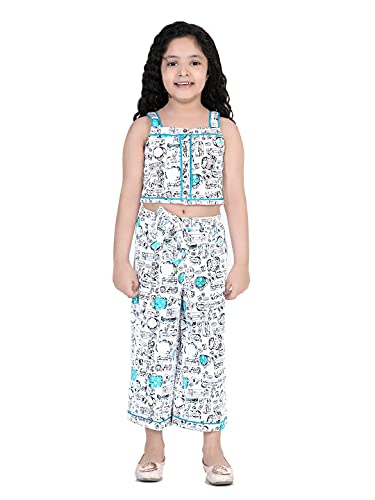 Naughty Ninos Printed Girls Cotton Twill Top and Pallazo Set (NN00716DRS-White & Blue)