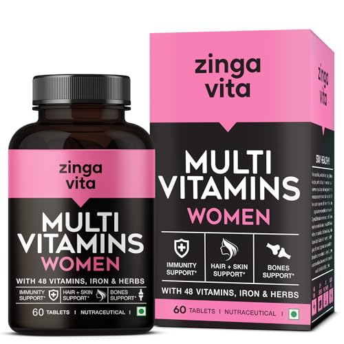 Zingavita Multivitamin Tablets for Women, with Biotin, Vitamin A, Calcium, Zinc, Magnesium, Iron & Herbal Extracts for PMS Support, Strong Bones, Hair, & Immunity – 60 Tablets