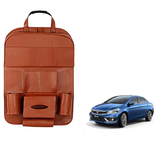 Oshotto Car Backseat Storage Organizer Phone Holder,Multi-Pocket for Bottles, Tissue Boxes,Kids Toy Storage and Great Travel Accessory Compatible with Maruti Suzuki Ciaz (Tan)