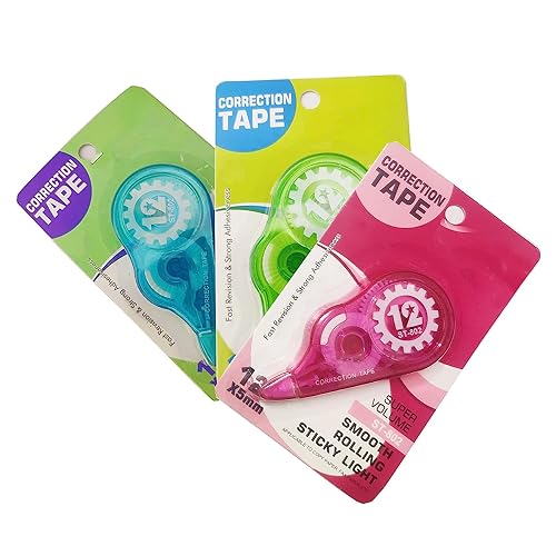 ECLET Correction Tape – Pack of 3 Pcs Correction Tape 12 Meter X 5 MM, for Journal, Correction Pen, Whitener for Correction, Stationary Items, Correction Pen Tape (Any 3 Random Color sent) B