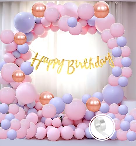 Flyloons Purple Pink birthday decoration items for Girls Kids baby 61pcs Set , Golden Glitter happy birthday banner , Pastel and Rose Gold Chrome Balloons , Arch Tape for Ring Design