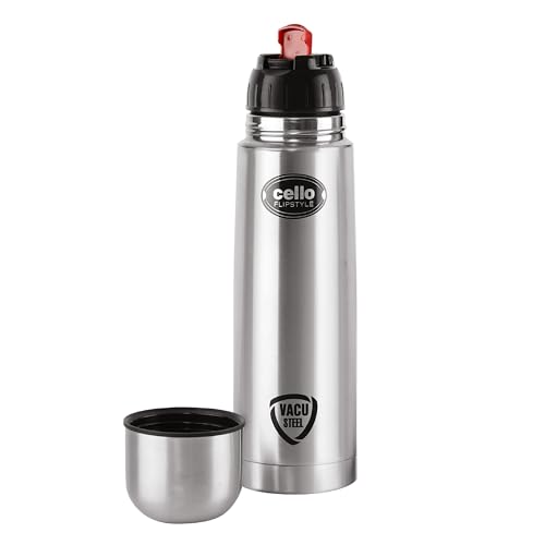 Cello Flipstyle Stainless Steel Vacuum Insulated Flask 1000ml| Hot and Cold Water Bottle with Flip lid | Double Walled Silver Bottle for Home, Office, Travel | Steel Thermos Bottle 1L