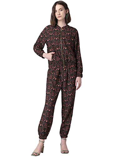 FabAlley Women’s Viscose Multi Floral Bomber Jacket and Jogger Pants Co-ord Set Calf Length Dress (FCO00375_Black_L)