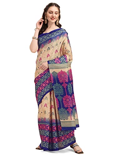 EthnicJunction Women’s Art Silk Printed Saree with Unstitched Blouse Piece (EJ7037-Roohi- Beige Blue_Blue)