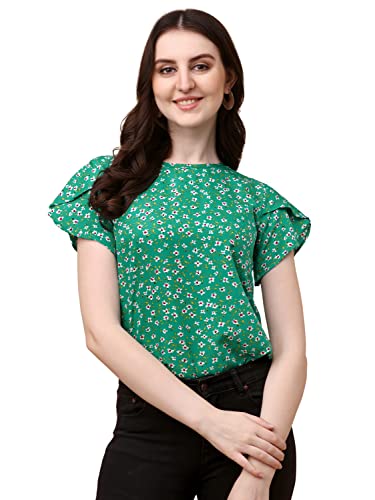 Wedani Women’s Casual Short Sleeves Round Neck Foral Top (Medium, Green)