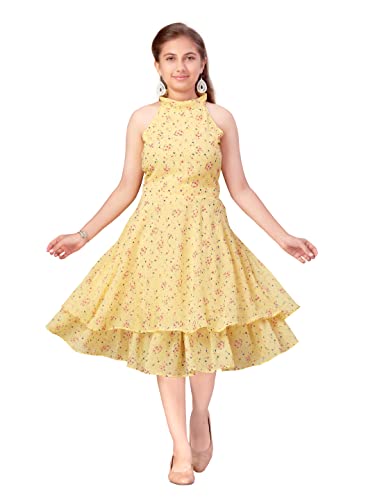 Aarika Girl’s Georgette Skater Knee-Length Dress (MD-A-22550_Yellow