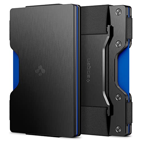 Spigen RFID Aluminium Blocking Wallet Slim Minimalist Credit Card Holder with Key Ring up to 12 Cards, Carabiner for Men and Women with Cash Strap – Black