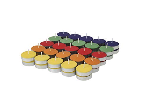 Amazon Brand – Solimo Wax Tealight Candles, 3-Hour Burn Time, Smokeless, No Residue (Set of 50, Multicoloured, Unscented)