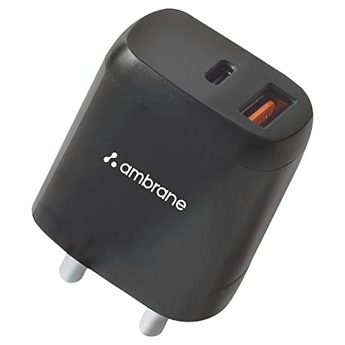 Ambrane 20W USB Dual Port BoostedSpeed Charger with Power Delivery & Quick Charge, Made in India, Multi-Layer Protection, iPhone & Android Compatibility (Raap H11, Black)