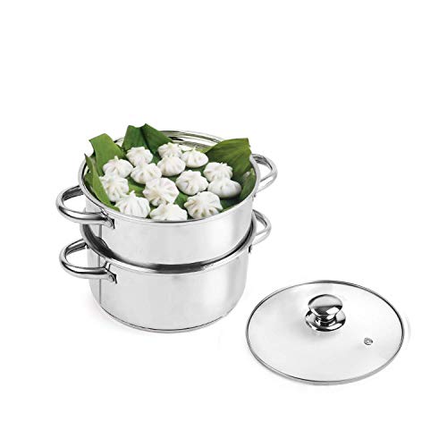 Cello Steelox Induction Compatible Stainless Steel Multi Purpose Steamer/Modak Maker with Glass Lid, 18Cm