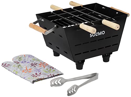 Amazon Brand – Solimo Mini Portable Fuel Powered Tabletop Barbeque Grill With 4 Skewers (Black)
