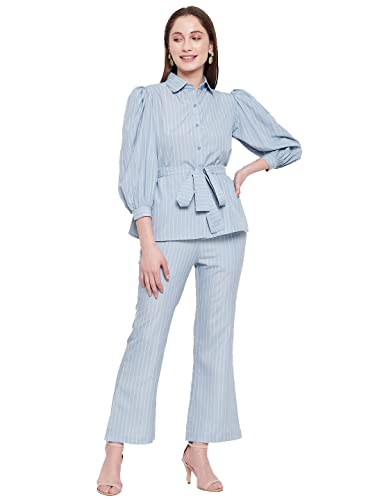 Fashfun Women’s co-ord Set (Solid Crepe tie-up Shirt and Bootcut Pant Set) (Light Blue, Large) (FSH-COORD-AP-1-Q1-L) (Set of 3)