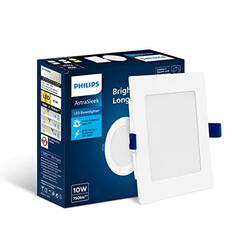 PHILIPS Astra Sleek 10-watt Square LED Downlighter | LED Ceiling Light for Home and Hall | Cut Out: 110 mm, Color: Cool Day Light, Pack of 1