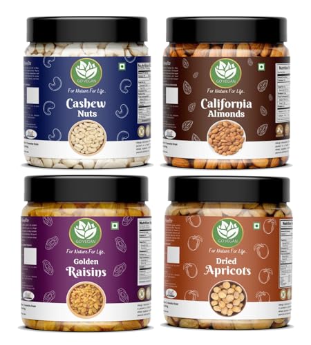 Go Vegan Dry Fruits Combo Pack of Almonds | Cashews | Raisins | Dried Apricot | Pack of 4 | Each 250 GM | Hampers for Employees | Dry Fruits Gift Pack for Family | Total 1 kg