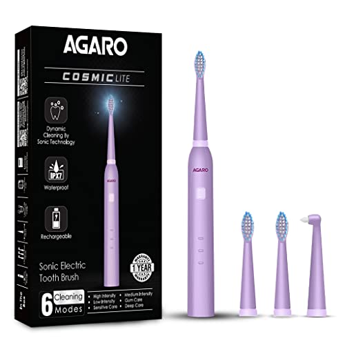 AGARO COSMIC Lite Sonic Electric Toothbrush for Adults with 6 Modes, 3 Brush Heads, 1 Interdental Head and Rechargeable with 3.5 Hours Charge, usage 20 day Power Toothbrush, Purple