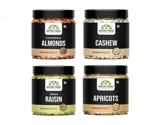 Nature Prime Fresh and Healthy Premium Nuts Dry Fruits Combo Pack of Almond, Cashew, Raisin, Apricot Jar Pack (200g * 4) 800G