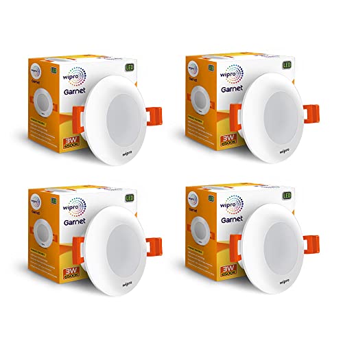 Wipro Garnet 3W LED Mini Downlight | Cool White (6500K) | Compact Design with 120° Beam Angle | Recessed Down Light for False Ceiling | Cutout – 2.3 inch | Pack of 4