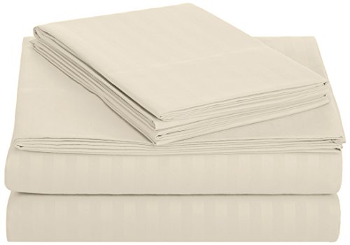 amazon basics Deluxe Microfiber Striped Bedsheet Set (Includes 1 Bedsheet, 1 Fitted Sheet With Elastic, 2 Pillow Covers), Beige, Queen