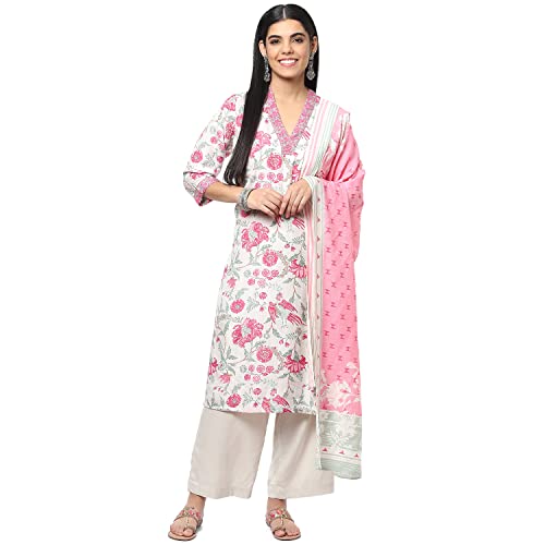 BIBA Women’s Pink Cotton A-Line Kurta Palazzo Suit Set