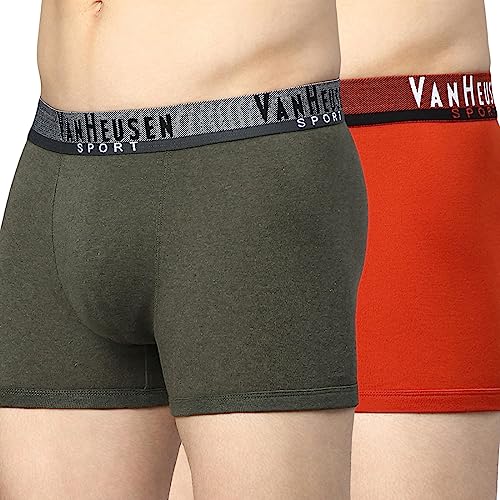 Van Heusen Sport Men Trunks – 100% Combed Cotton – Pack of 2 – Plush Back Elasticized Waistband, Double Layer Gusset, Solid_70002_Rooibos Tea,Olive Melange_S