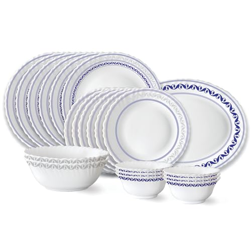 Larah by Borosil Jazzblue Fluted Series Opalware Dinner Set | 21 Pieces for Family of 6 | Microwave & Dishwasher Safe | Bone-Ash Free | Crockery Set for Dining & Gifting | Plates & Bowls | White