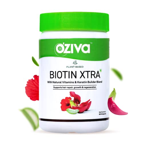 OZiva Biotin Xtra for Hair Growth, Regeneration & Repair | 7000mcg+ Biotin Capsules with Keratin Builder, Sesbania Agati, Aloe Vera & Potassium (Pack of 1, (60 Capsules))