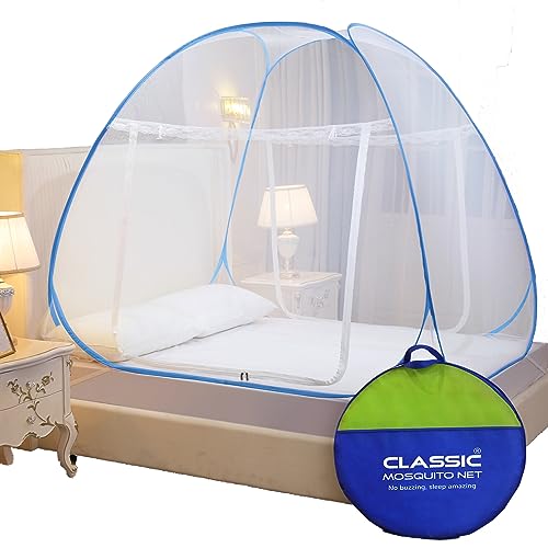 Classic Mosquito Net for Double Bed | King Size Foldable Machardani | Polyester 30GSM Strong Net | PVC Coated Corrosion Resistant Steel Wire – Blue