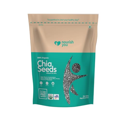 NOURISH YOU Organic Black Chia Seeds 1 KG | USDA Certified Grain | Gluten Free | Super Source of Calcium, Protein Fibre & Antioxidant | Enriched with Omega 3 & Zinc | SuperFood | Pack of 1 | 1 Kg