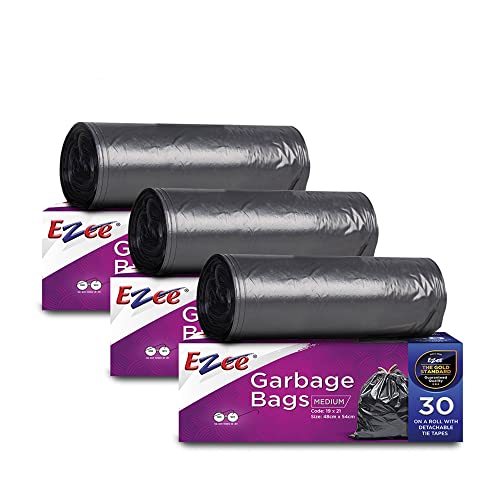 Ezee Black Garbage Bags Medium 90 Pcs | 30 Pcs x Pack of 3 Rolls | 19 x 21 Inch | Dustbin Bags/Trash Bags/Dustbin Covers for Wet and Dry Waste