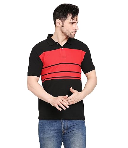 Scott International Men’s Rich Cotton Regular Fit Striper Polo T-Shirt (SMARTO-BL-RD-M, Black-Red, Medium)