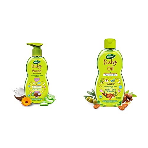 Dabur Baby Wash: Gentle Nourishing babywash enriched with Baby Loving ayurvedic Herbs- 500ml & Dabur Baby Oil: Nourishing Baby Massage Oil enriched with Baby Loving ayurvedic Herbs- 200ml