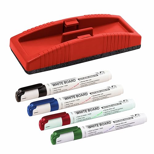 YAJNAS Non Magnetic Whiteboard Duster & Markers | Set of 5 | Assorted Ink Colours Markers | Whiteboard Duster with Easily Erasable Markers | School & Office Stationery Items Markers & Duster