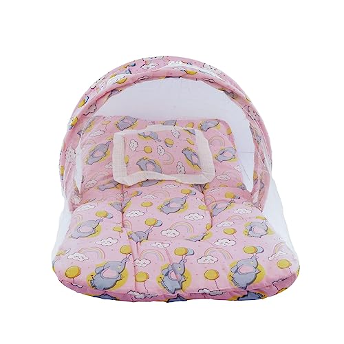 Bumtum Baby Bed, Mosquito Net & Neck Pillow, Baby Gadda Set for New Born, 0-6 Month, Printed Baby Bedding, Baby Elephnat Sleeping Bed of 71cm x 47cm x 5cm, Baby Pink, Cotton, Free Size