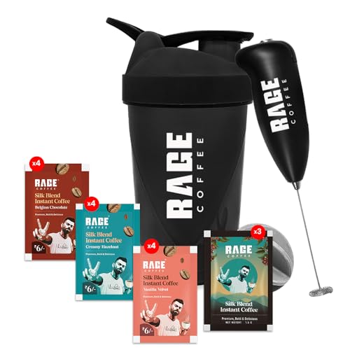 Rage Coffee – Silk Blend Assorted Sachets, Pack of 15 (3 Classic, 4 Creamy Hazelnut, 4 Vanilla Velvet & 4 Belgian Chocolate) + Multi-purpose Shaker 450 ml + Frother
