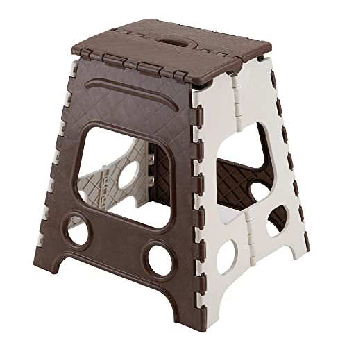 Primelife Plastic 18 Inch Folding Step Stool,Super Strong Foldable Stool for Adults & Kids, Portable Plastic Step Stool, Non Slip Folding Stools for Kitchen, Bathroom, Bedroom, Office (Brown – White)