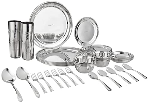 Amazon Brand – Solimo Stainless Steel Dinner Set of 50 Pieces | Mirror Finish with Laser Etched Design I Bhojan Thali Set I Dinnerware Set for Kitchen I Dishwasher Safe