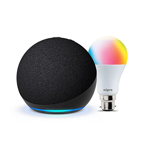 All-New Echo Dot (5th Gen, Black) Combo with Wipro 9W LED Smart Color Bulb