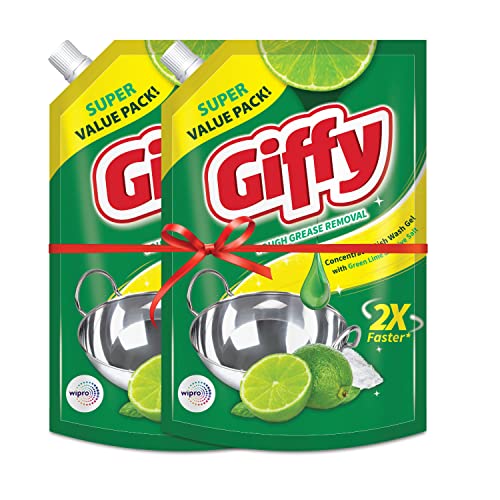 Giffy Concentrated Liquid Dish Wash Gel with Active Salt & Lime| 2x Faster Tough Grease Removal & Mild Fragrance| Removes Tough Malodour| Leaves No White Residue| Hand-Safe | 900ml (Pack of 2)