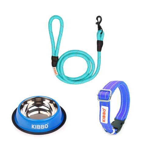 KIBBO All-in-One Essential Kit with Bowl, Leash & Collar(Dog Accessories)| Anti Skid & Food Grade Bowl| Strong Durable Reflective Leash|Soft Padded Collar (Reflective)|for S, M, L Pet Breeds|Blue