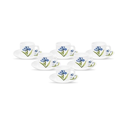 La Opala Diva, Opal Glass Coffee Cup & Saucer Set Cylinder 12 pcs, Royal Iris, White