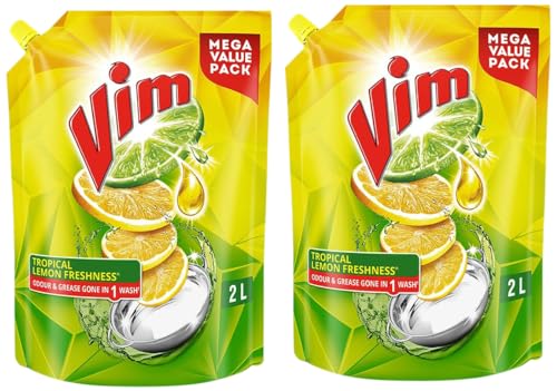 Vim Dishwash Liquid Gel Lemon Refill Pouch, 2 Ltr | Dishwash Gel Infused With The Power Of Lemons | Leaves No Residue (Pack of 2)