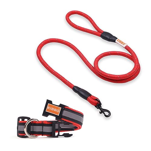 Kibbo Premium Nylon Strong Highly Reflective Threads Dog Leash and Collar for Medium to Large Dogs| 5 Feet Long Leash, 15mm / 0.6in Thick| Adjustable Dog Collar (41 CM to 65 CM) Large Red