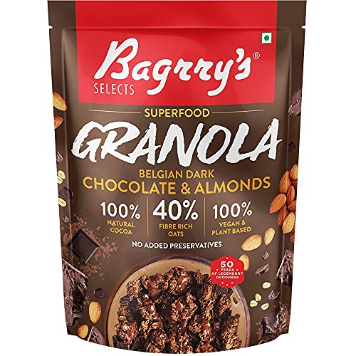 Bagrry’s Superfood Granola Belgian Dark Chocolate & Almonds 400gm Pouch|40% Oats & Quinoa Flakes| 100% Natural Cocoa|Vegan & Plant Based|High in Fibre & Protein|Breakfast Cereal|Crunchy Granola