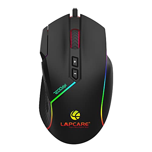 LAPCARE Champ LGM-108 Gaming Mouse, 8 Buttons, 6 Customizable DPI Levels Upto 7200 DPI, 7 Circular & Breathing LED Light, Wired Mouse (Black)