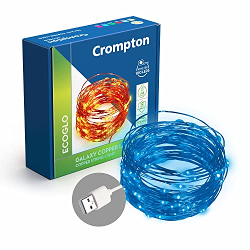 Crompton Galaxy Decoration Copper USB Powered String Fairy Lights with 100 Led Light (10 Meters, Blue, Pack of 1)