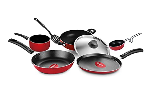 Pigeon Mio Non Induction Base Nonstick Aluminium Cookware Gift Set, Includes Nonstick Flat Tawa, Nonstick Fry Pan, Kitchen Tool Set, Nonstick Kadai with Glass Lid, 8 Pieces Kitchen Set (Red)