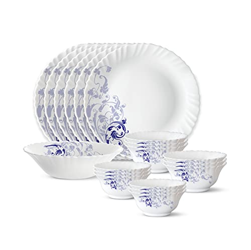 Larah by Borosil Blue Eve Silk Series Opalware Dinner Set | 35 Pieces for Family of 6 | Microwave & Dishwasher Safe | Bone-Ash Free | Crockery Set for Dining & Gifting | Plates & Bowls | White