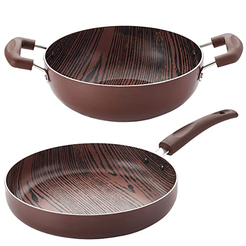 Nirlon Woody Gas Compatible Non Stick Aluminium 2 Piece Cooking Set [Frying Pan 24cm – 1.8 Liter + Kadhai 24cm – 3 Liter]
